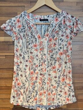 Tommy Hilfiger Small Pink Floral Split V-Neck Cap-Sleeve Blouse